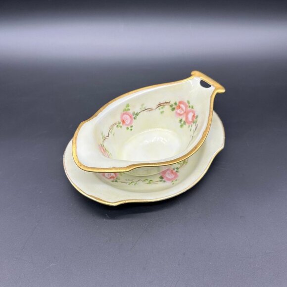 Vintage Gravy Boat Sauce Dish Under Plate Germany Hand Painted Pink Roses Gold